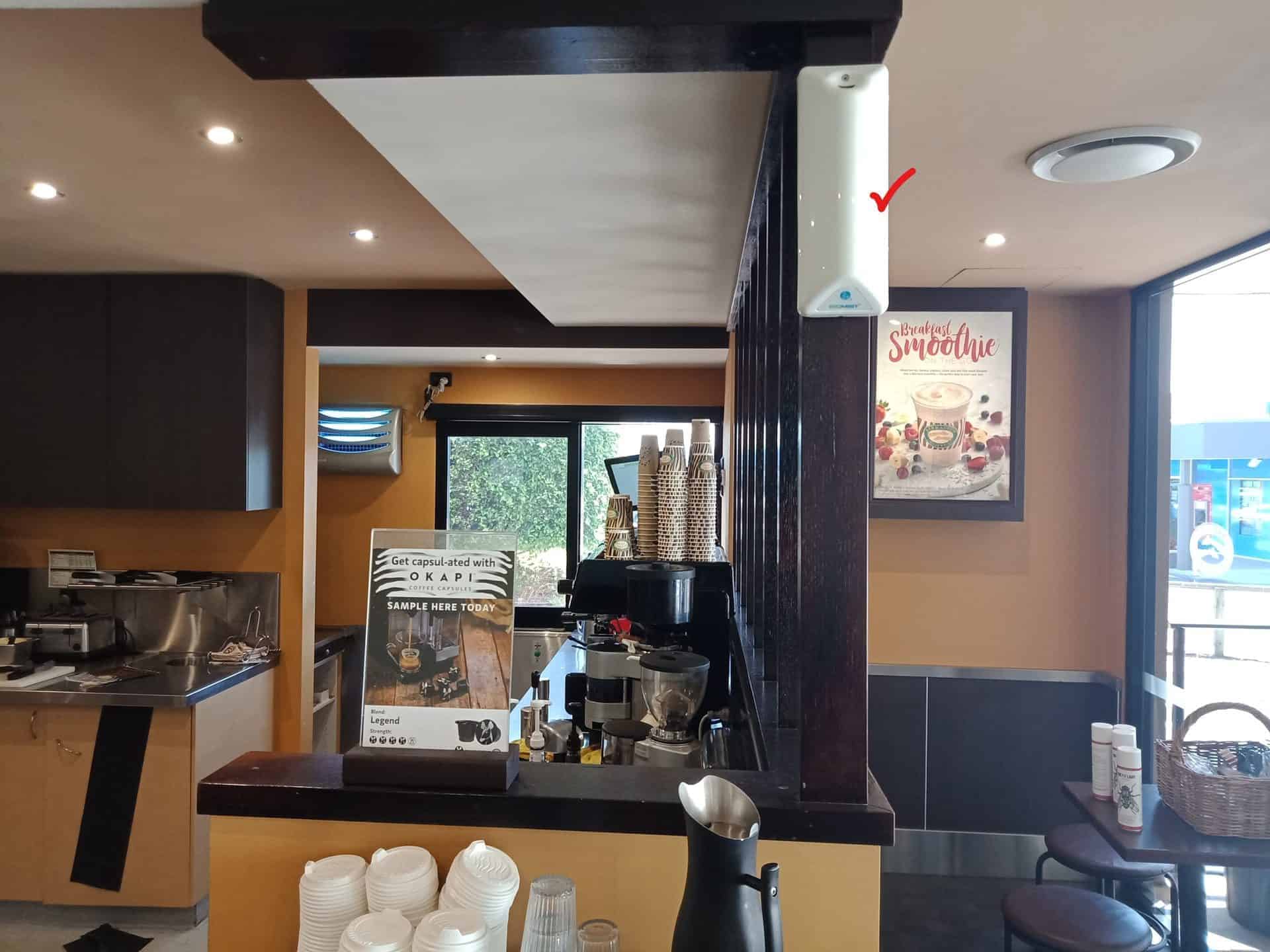 Automatic fly control dispenser mounted on an upright beside a coffee service area