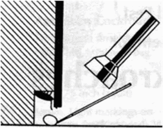 Using a torch and dental mirror to inspect for cockroaches under kitchen equipment